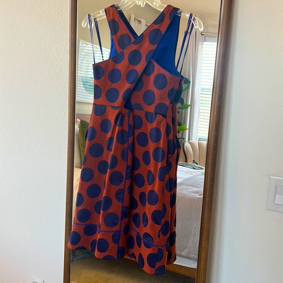Maeve Orange and Blue Polkadot Back Wrap Dress with Pockets - Picture 3 of 3